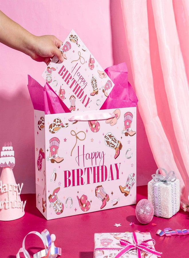 LeZakaa 13" Western Birthday Gift Bag for Kids Girls, Happy Birthday Cowgirl Hats Boots Lassos Horseshoes Stars Design, Tissue Paper, Greeting Card, 13" x 10" x 5", 1 Pcs - Image 4
